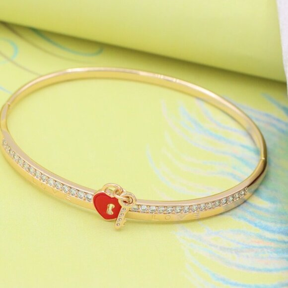 Rose Gold Bangle with Red Heart Lock and Key Charm Accent, XPBL0562 - Picture 1 of 12